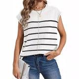 Fongt Women's Knit Sweater Vest Sleeveless Jumper Striped Seam Bone Stitching Casual Women's