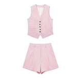 Fongt Women's 2025 Spring New Fashioned Colored Flax-Blend Vest + Shorts Set