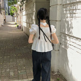 New Drawstring Bow Shirts & Blouses Square Collar Blusas Short Sleeve Camisas Loose Hem Ropa Mujer Summer Halter Tops-Outfit
