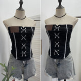 Fongt Sexy Water Wash Denim Pocket Spliced Lace Bra Design Without Strap Vest 2753