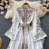 Fongt And Autumn Retro Collar Horn Sleeve Print Dress Women In Court Style Over The Long Skirt