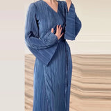 Fongt 2024 New Solid Color Horn Sleeve Thread Belt Collect Waist Style Long Sleeve Dress-Outfit