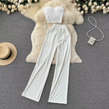Fongt Strapless Short Top High Waist Casual Loose Wide Leg Pants-Outfit