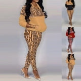 Large Size Women's Wear Popular Style Long-Sleeved Zipper Fashion Printed Two-Piece Set-Outfit