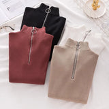 Office Lady Front Zipper Slim Knitted Sweater Long Sleeve Stand Collar Solid Casual Pullover 2021 Autumn Winter New