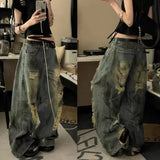 Fongt Wasteland Wind Splash Ink Ripped Jeans Women Summer New Water-Washing Straight Tube Trousers Tide