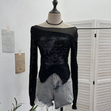 Fongt Breeze Butterfly Graffiti Mesh Patchy Texture Long-Sleeved T-Shirt Picties Short Repair Bodysuit 2753