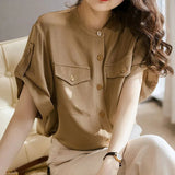 Safari Style Solid Pockets Casual Top Women Vintage Shirts Summer 2023 Patchwork Chiffon Basic Round Neck Blouse-Outfit