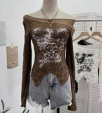 Fongt Breeze Butterfly Graffiti Mesh Patchy Texture Long-Sleeved T-Shirt Picties Short Repair Bodysuit 2753