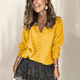 Fongt 2025 New Lace V-Necked Jacket Sweater Lady Loose Long-Sleeved Solid-Colored Sweater