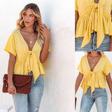 Fongt Summer New Women's Pure Color Splicing Loose Short-Sleeved Strap Lotus Edge Top
