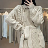 Solid Color Midi Knitted Cardigan Korean Lapel Women's Clothing Pockets Spliced Autumn Winter Drawstring Sashes Sweaters-Outfit