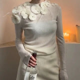 Chinese Style O-neck Flower Beading Tops Women Spring Slim Fit White Pullovers Y2k E-Girl Long Sleeve Sweater Mujer-Outfit