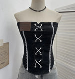 Fongt Sexy Water Wash Denim Pocket Spliced Lace Bra Design Without Strap Vest 2753