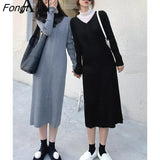 Knitted Dress, Women's Autumn and Winter Slim and Slim V-neck Sweater Bottoming Skirt Dress Eam Dress White