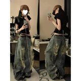 Fongt Wasteland Wind Splash Ink Ripped Jeans Women Summer New Water-Washing Straight Tube Trousers Tide