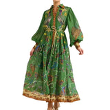 Fongt Women's New Retro Print Lantern Sleeve Waist Large Hem Dress