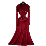 Fongt Fragrant Elegant Collar Long Sleeve Metal Buckle Waist Knitted Dress Autumn Thin Long Dress
