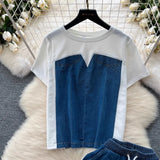Fongt Hong Kong-Flavored Suit Female Design Sense Short-Sleeved T-Shirt Spliced Denim Jacket + High-Waisted Casual Straight Pants Two-Sleeve