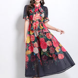 Fongt Famous Bow Tie With Lantern Sleeve High-Rise Dress Female Thin Elegant Print Dress