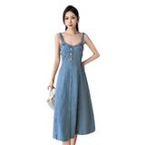 Fongt And Summer 2025 New Small French Long-Term Collection Waist Thin Design Retro Cowboy Strap Dress