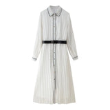 Fongt Women's High-End Wearing Belt Bumping Color Side Of The 100-Fold Long-Sleeved Dress