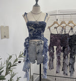 Real Shooting 2024 New Niche Babes Print Sling Vest Hem With Lotus Leaf Edge Sleeveless Top