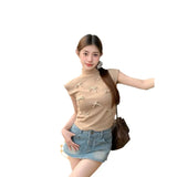 New Sweet Half-High Collar Slim Short Blouse Trend Sweet Wind Bow Small Flying Sleeve T-Shirt