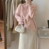 Fongt New 2023 Autumn And Winter Of 2023 Korean Curly Edge Casual Simple Pure Color Round Collar Sweater Women's Fashion Versatile Knit Top-Outfit
