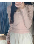 Women Cotton Front Buttons Pink Tees 2023 Summer Fashion Ladies Casual Female O Neck Long Sleeves Solid Color Tops-Outfit