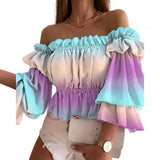 Off Shoulder Colorful Pleated Ladies Flare Sleeve
