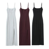 Fongt Cloth Sling Dress 2025 Summer Temperament Dress Dress Open Back Fork And Medium Long Fan Skirt
