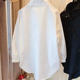 Autumn Stand Collar Blouse Commute Korean Loose Female Clothing Stylish Button Drawstring Basic Casual Long Sleeve Shirt-Outfit