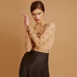 Fongt 2024 Summer New Women's Round Collar Long Sleeve Fashion Mesh Perspective Sexy Slim Onesie