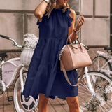 Women Summer Ruffled Casual Dress Loose O-Neck Sleeveless Solid Color Stitching Pullover Dress 2021 New Retro Mini