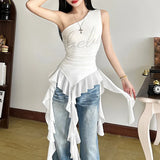 Fongt Summer Fashion Trend Women's New Slant Shoulder Repair Letter Drill Irregular Vest Woman