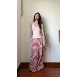 Fongt And Languid Temperament Short-Sleeved Top High Waist With Loose Pink Striped Broad Leg Trousers Set