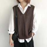 Fongt Spring 2024 V-Neck Sleeveless Loose Vest New Literary Knit Vest Pure Color Wisp Empty Women Fold Wear Jacket-Outfit