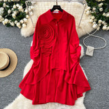 Fongt Version Of High-End Sense Polo Collar Shirt Women Autumn Three-Dimensional Flowers Loose Irregular Folding Tail Design Top