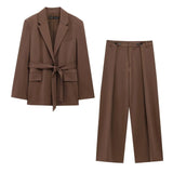 Fongt Women's INS Burst Fashion With Belt Loose Casual Suit Jacket + Trousers Set