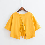 Fongt Summer Pure Color Back Splicing Fork V-Neck Loose Short Jacket Female Student Strap Short Sleeve T-Shirt Women's
