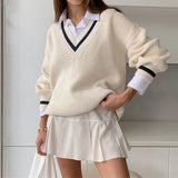 2020 Autumn Long Sleeve Oversize Knitted Pullover Sweater For Women Preppy Style Female V-Neck Casual Loose 90s