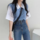 Fongt Summer Polo Lapel Fake Two College Wind Contrast Color Short-Sleeved T-Shirt Women's Loose Casual Versatile Top
