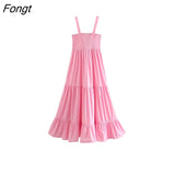 ZBZA Women 2023 Chic Elastic Smocked Printed Midi Dress Vintage Straight Straps Female Dresses Vestidos Mujer