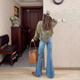 Fongt Kong Style Blue High-Waisted Broad-Legged Trumpet Trumpet Jeans Women In The Fall Of 2025 Loose Thin Dipped Long Pants