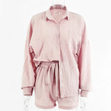 Casual Sporty Two Pieces Sets Women Solid Long Sleeve Blouse And Drawstring Biker Shorts Outfits High Street