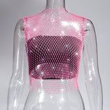 Fongt Nightclub Dresses Fishnet Hollow Out Rhinestone Vest Mesh Flash Diamond Sling Top