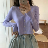 Women V-Neck Knitted Casual Short Sweaters Cardigans Lady Full Sleeve Thin Cardigan Outwear Crop Top for Female-Outfit