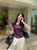Fongt Xixi 13 Lines 2025 Autumn White Standard Temperament Collar Bottom Knitted Short-Sleeved T-Shirt 89545