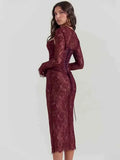 Red Lace Sheer Removable Sleeve And Lace Up Midi Dress-Outfit